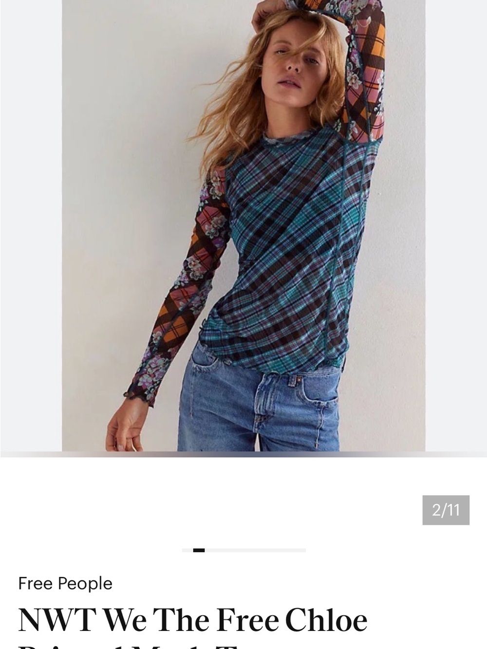 Free People Chloe Long Sleeve Mixed Plaid & Floral Top in Teal and Burgundy
